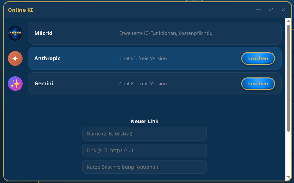 Einstellungen für optionale Online-KI-Anbindungen